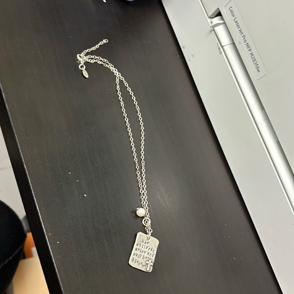 Taps silver pendant necklace with pear and imprinted proverb 31:18-31